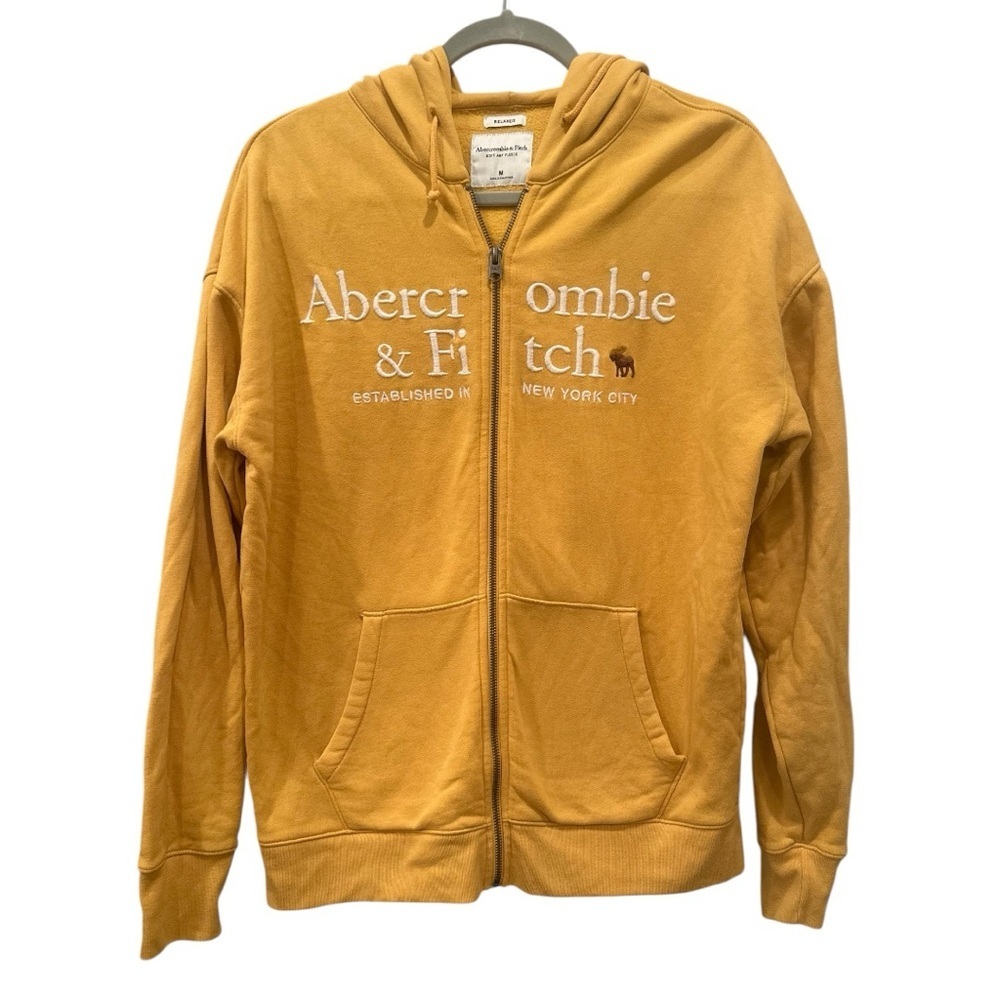 Abercrombie & Fitch Mustard Full Zip Soft Fleece Relaxed Hoodie Logo Layer Sz M